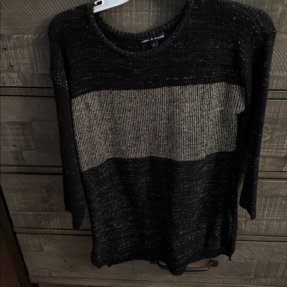 CABLE AND GAUGE 3/4 SLEEVE PULL OVER sweater black gold sparkly small